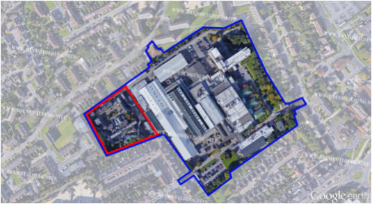 BBC Elstree Studios bound in blue; formally Central Independent Television in Hertfordshire, UK. The area bound in red to the west (the backlot) currently houses the EastEnders outdoor film set where the German BECO Building Site film set once stood i