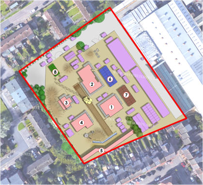 Aerial site plan illustrating Central Televisions BECO Building Site  film set as it would have looked back in 1982